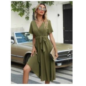 Shein Flutter Sleeve Belted Dress Green